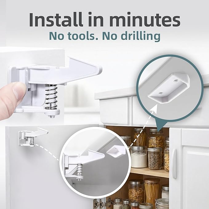 (10 pcs) Upgraded Invisible Baby Safety Proofing Cabinet Latch Locks - No Tools or Drilling Required for Installation, Works with Most Cabinets Drawers and with Countertop