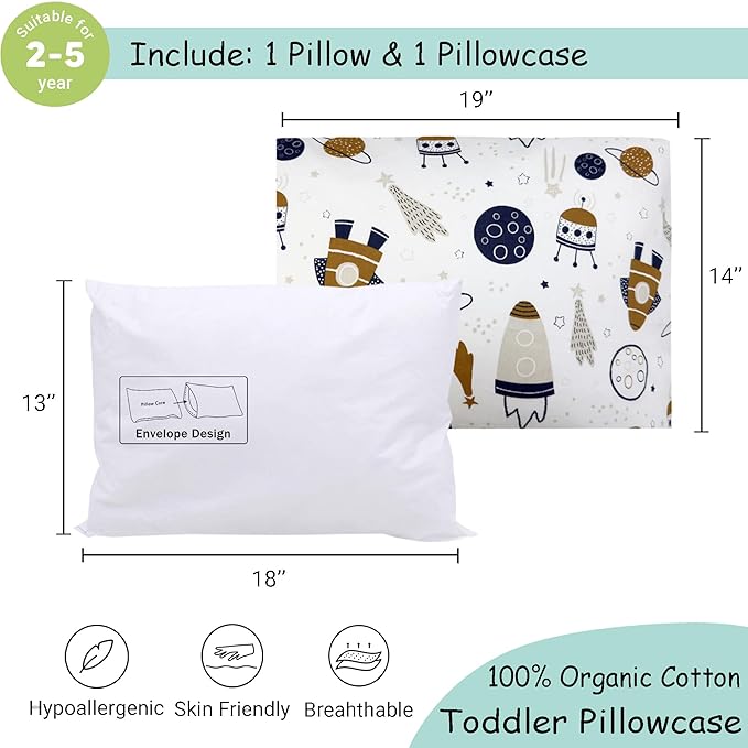 ZPECC Toddler Pillow with Pillowcase - 13x18 Organic Cotton Hypoallergenic Kids Pillow, Baby Essentials for Travel Crib Daycare Stroller (Intended for Age 2 and up) Universe