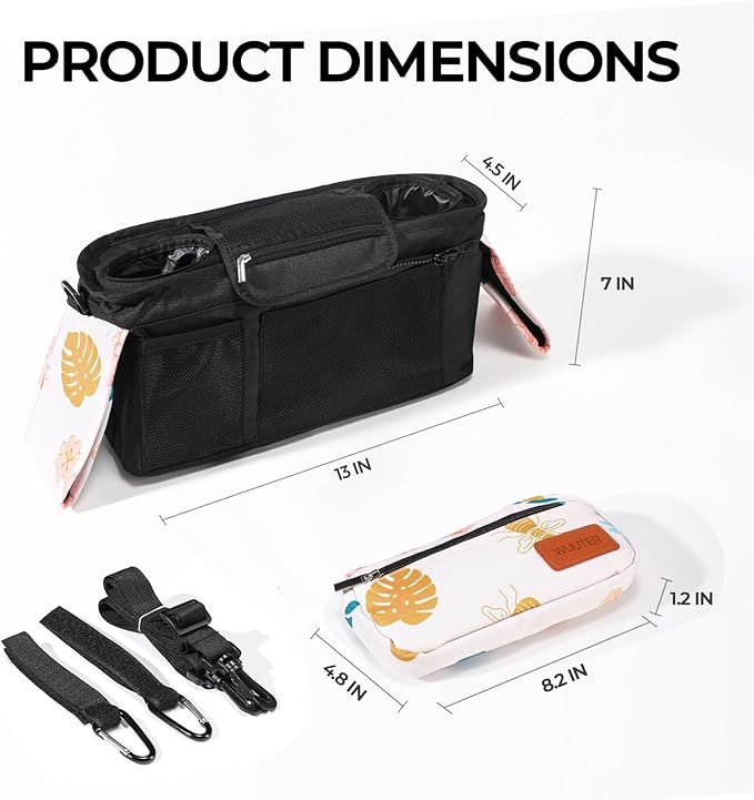 WUUTER Stroller Organizer with Cup Holder Detachable Wristlet Large Capacity Baby Stroller Bag for Mom, Fits Uppababy, Baby Jogger, Britax, BOB, More (Garden)