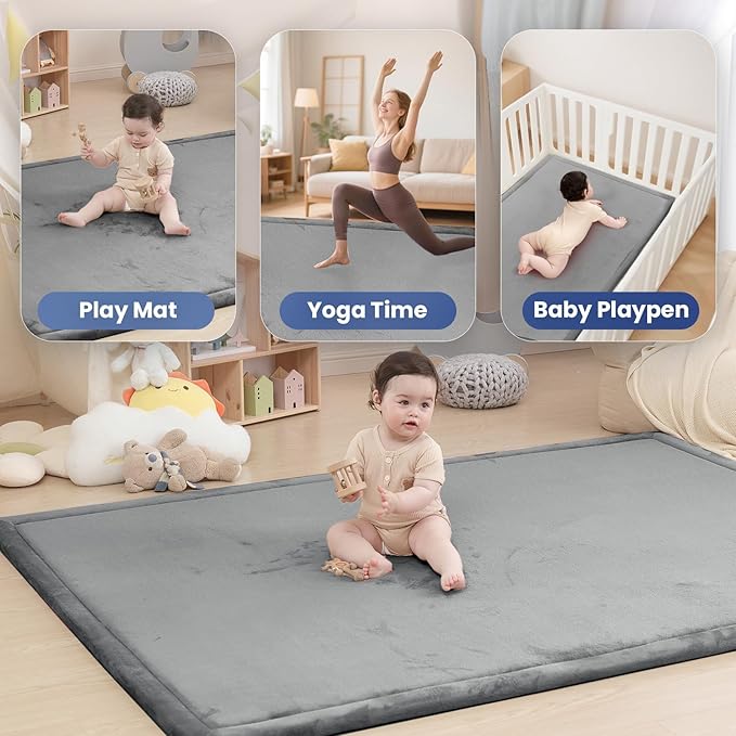 Huloo Sleep Ultra Soft Baby Play Mat for Floor, 1.3" Thick Elasti-Foam 65x50 Play Mat for Playpen,Water-Repellent Coral Velvet for Tummy Time, Non-Slip Backing,Safe for Toddlers & Infants（Dark Grey）