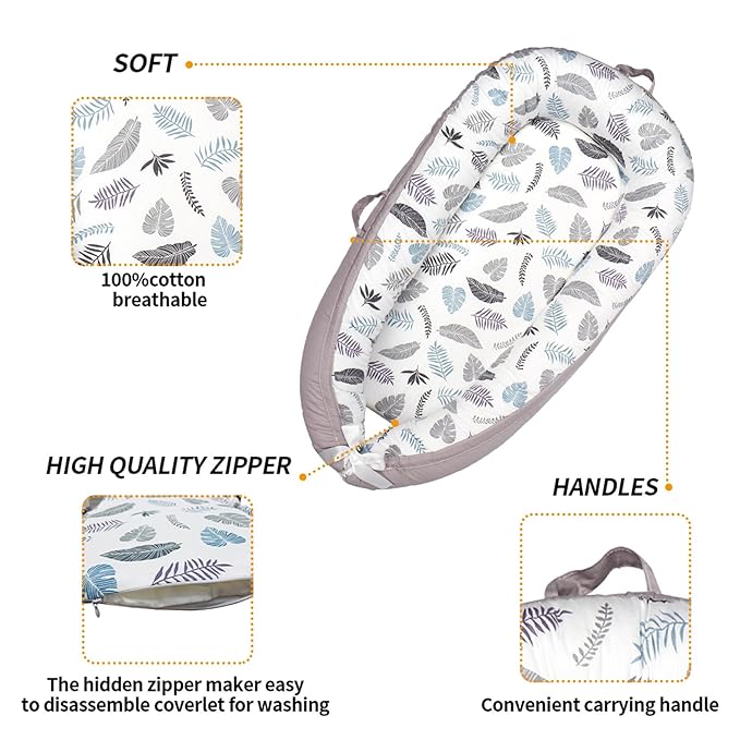 HOUSEYUAN Baby Lounger Replaceable Cover Baby Nest Backup Cover 100% Cotton Breathable Machine Washable (Gray Leaves)