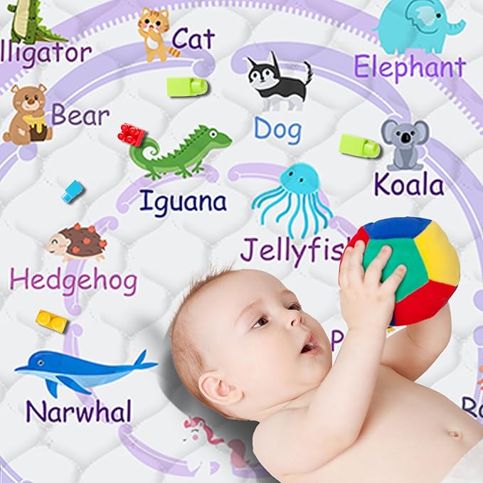 Baby Play Mat，Thick Soft 47" X 47" Playpen mat, Non-Slip and Machine Washable Baby Play Mats for Floor，Crawling Mat for Babies, Toddlers & Infants to Play and Learn (Purple Animal)