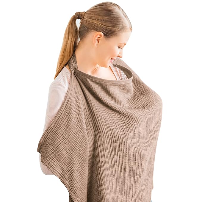 Konssy Muslin Nursing Cover for Baby Breastfeeding, Breathable 100% Cotton Breastfeeding Cover with Rigid Hoop for Mother Nursing Apron, Multi-use Carseat Canopy (Brown)