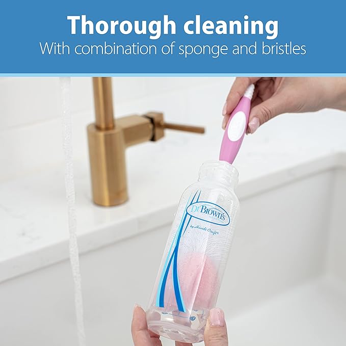 Dr. Brown's Reusable Sponge Baby Bottle Cleaning Brush + Soft Touch Bottle Brush, BPA-Free, Pink, 2-Pack