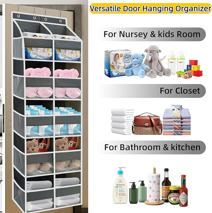 5 Tier Over the Door Organizer with 10 Clear Pockets & 10 Mesh Pockets - Extra Large Behind Door Storage for Closet, Nursery, Bedroom, Pantry | Diaper & Toy Organizer (Gray)