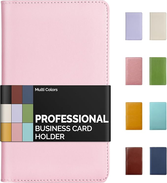 Sooez Leather Professional Business Card Book Holder Organizer, 240 Capacity Credit Card Booklet, PU Name Cards Holder Storage File for Men Women, Pink