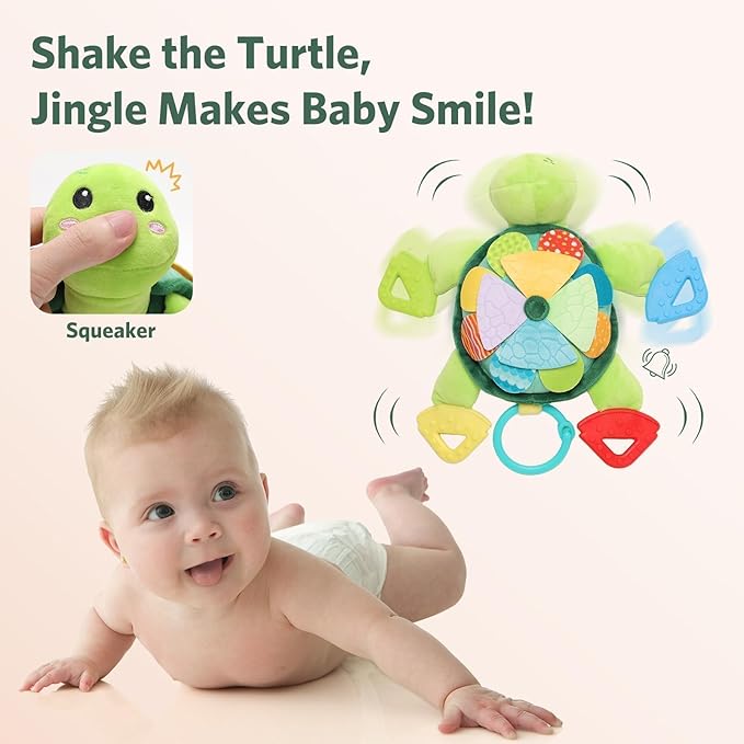 Turtle Baby Sensory Toy, 6 in 1 Montessori Tummy Time Toys Baby Texture Toys, Flip Scales & Multi-Textured Belly & Rattle Squeaker Teethers, Early Educational Toys for 0-3 Years Newborn to Toddler