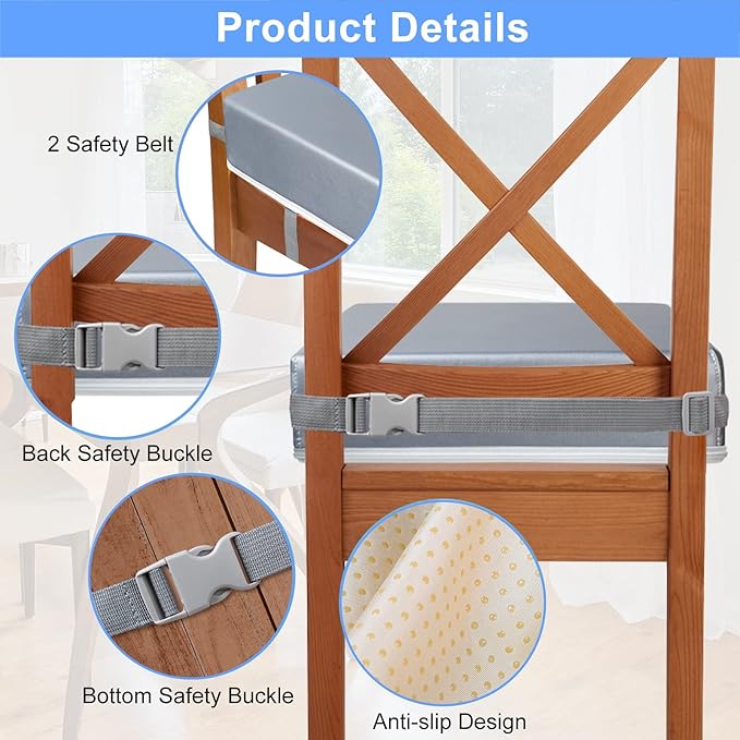 Toddler Booster Seat for Kitchen Chair Dining Table, Washable Thick Strong Support Portable Booster Chair for Toddlers Eating, Easy Cleaning Booster Seat Cushion Detachable with Adjustable Straps