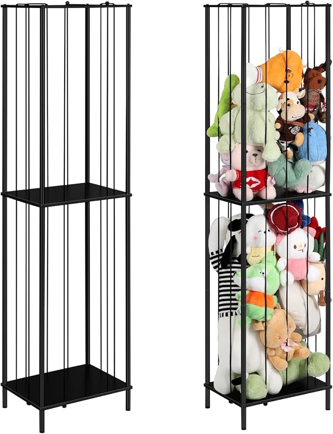OYEAL Stuffed Animal Storage Zoo 64'' Kids Toy Ball Storage Organizer Metal Plushies Toy Storage Holder with Elastic Rope and Shelf for Playroom Birthday Gift for Bedroom Nursery, Black