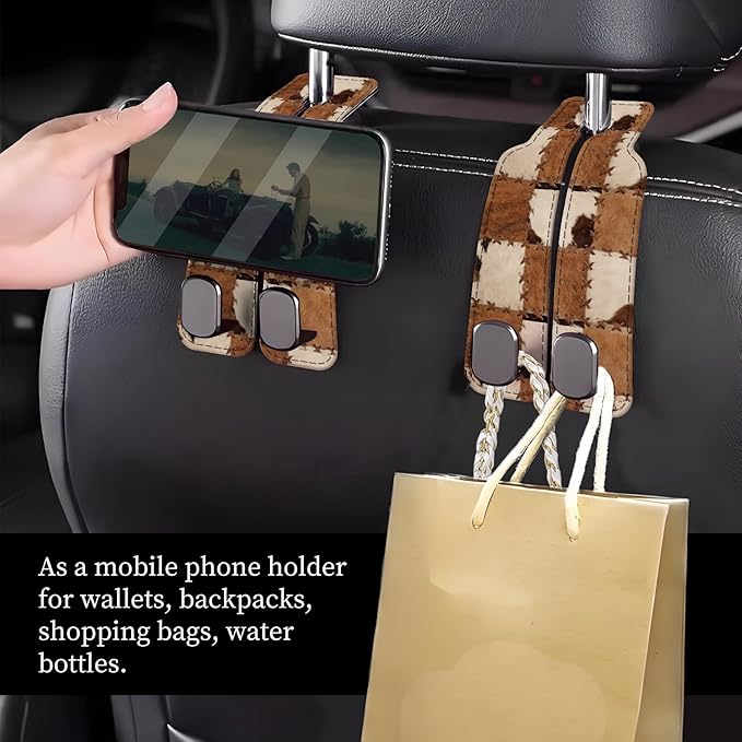 NUGGHU Car Seat Headrest Hook, Universal Leather Cute Hanger Holder Hook, Storage Organizer Interior Accessories for Purse Bags Handbag Retro Cowhide Plaid
