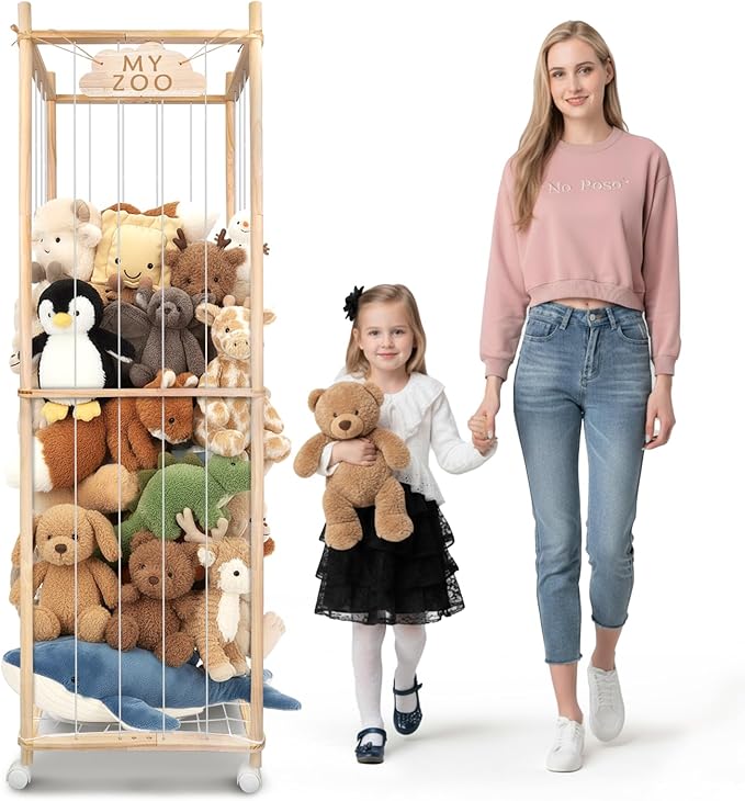 BETBEM Stuffed Animal Storage Zoo with Wheels, 64" Wooden Large Stuff Animals Plushies Holder Toy Organizer Kids Plush Storage Cage with Elastic Band and Net for Nursery Playroom Corner for Toddler