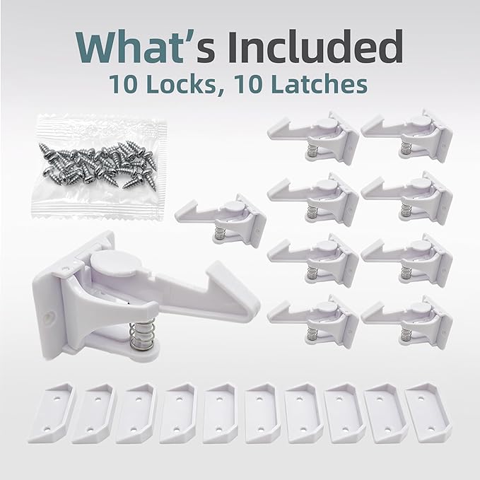(10 pcs) Upgraded Invisible Baby Safety Proofing Cabinet Latch Locks - No Tools or Drilling Required for Installation, Works with Most Cabinets Drawers and with Countertop