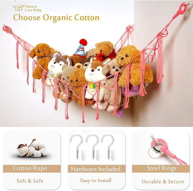 YKBU Stuffed Animals Hammock Corner Hanging Net with Tassel Macrame Stuffed Animal Storage Plush Toy Holder Toy Organizer for Boho Nursery Playroom Bedroom Kids Room (pink, large)