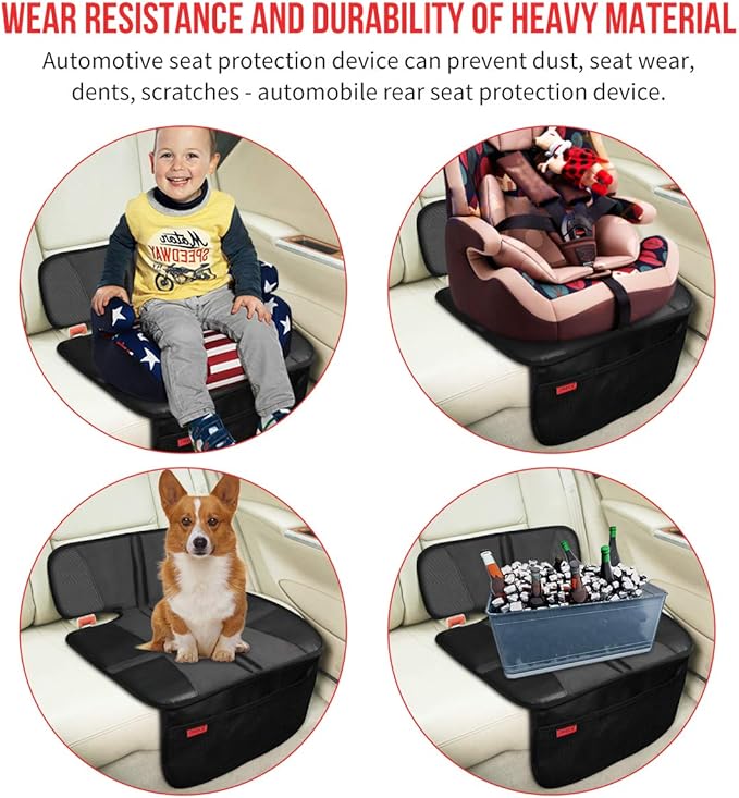 Car Seat Protector - Seat Protection Mat - Thick Padding - Durable, Waterproof Fabric, Leather Reinforced Corners & 3 Pockets for Handy Storage (2 Pack) Black