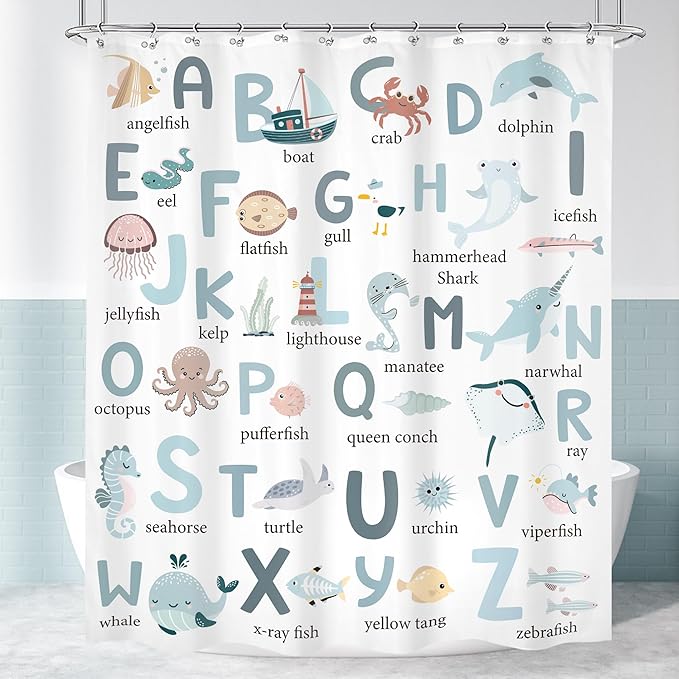 Kids Shower Curtain 60Wx72H Cute Cartoon Alphabet ABC Sea Animal Blue Educational Ocean Bathroom Curtain Set Baby Boys Girls Bath Curtain Cloth Fabric Beach Bathroom Decor with 12 Hooks