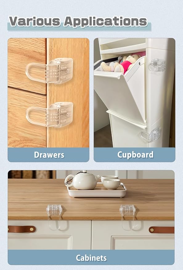 6-Pack Baby Proofing Lock For Drawer, Maveek Child Proof Locks For Corner Drawer Thinner Door Cabinet Kitchen Cupboard Dresser Fridge, Childproof Furniture Latch For 0-12 Month Infant (6 Clear)