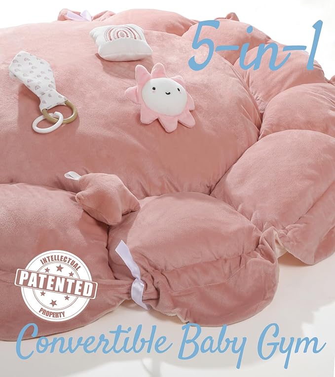 Mallify 5-in-1 Thick Plush Baby Play Gym Mat, Tummy Time Mat with 6 Sensory Toys, Baby Play Mat, Convertible Baby Gym for Stage-Based Development from Babies to Toddlers, Baby Essentials Gift, Pink
