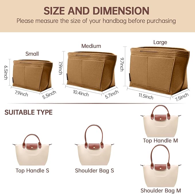 OPPOSHE Purse Organizer Insert for Longchamp Le Pliage, Premium Felt Long Champ Bag Handbag Women, Tote Organizer Insert with 9 Compartments (Medium, Brown)