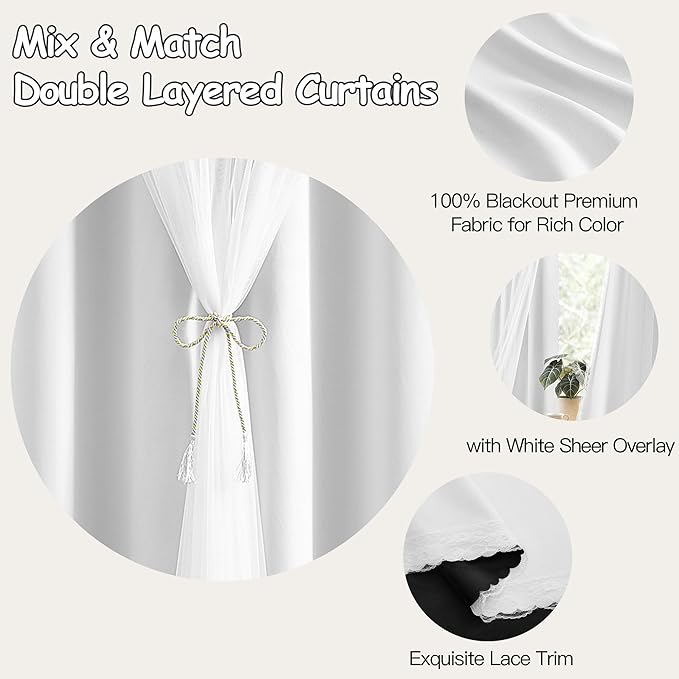 XiDi White Full Blackout Curtains 96 Inches Long Mix and Match Double Layer Curtains with Sheer Overlay Thermal Insulated Window Treatment for Living Room White Drapes with Tiebacks Grommet 34W x 96L