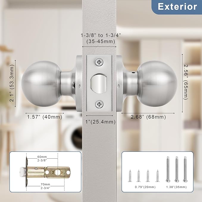 Knobonly 2 Pack Keyless Indoor Door Knob, Passage Door Knobs, Interior Door Knobs, Satin Nickel, Stainless Steel