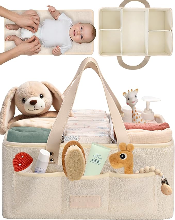 Toodly Baby Diaper Caddy Organizer with Portable Changing Mat - Teddy Fleece Diaper Organizer for Changing Table - Basket for Changing Essentials - Baby Essentials Organizer with Removable Dividers