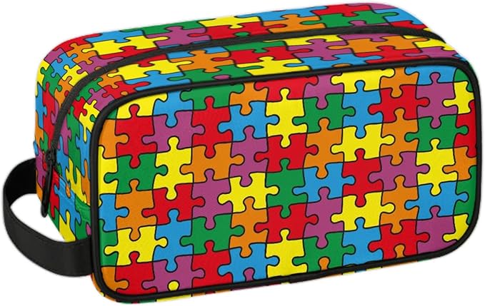 Travel Toiletry Bag for Kids Colorful Puzzle Waterproof Hanging Cosmetic Pouch Dopp Kit Medicine Organizer Bag for Girls & Boys