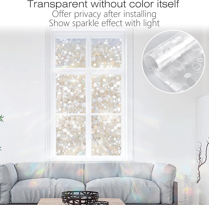 rabbitgoo Window Privacy Film, Decorative Rainbow Window Clings for Glass Covering, Static Cling Non Adhesive Door Stickers UV Blocking, Stained Glass Vinyl Decal, 3D Pebble, 35.4 x 78.7 inches