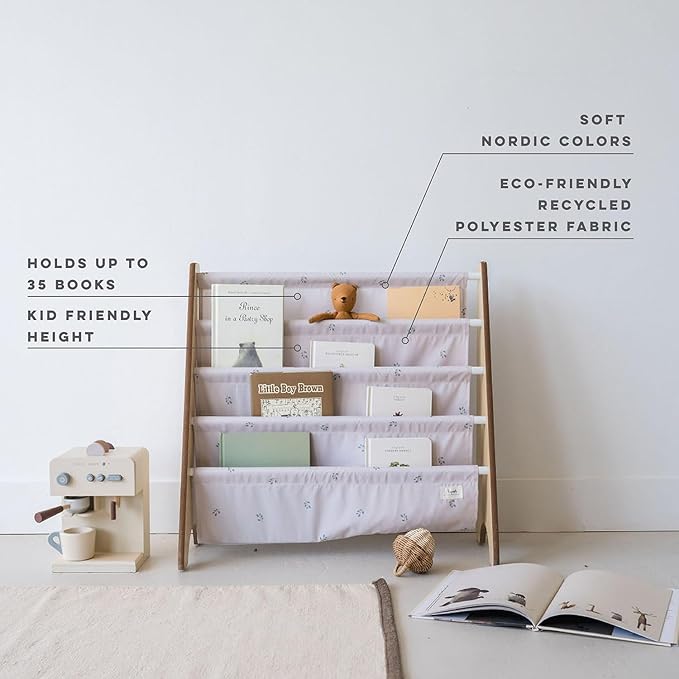 3 Sprouts Recycled Fabric Kids Bookshelf – 4-Tier Sling Book Rack Organizer - Nursery Room Playroom Classroom Wooden Book Shelves - Kid Bookcase Wood Storage Shelf for Toddler Age 3+ - Blueberry Taupe