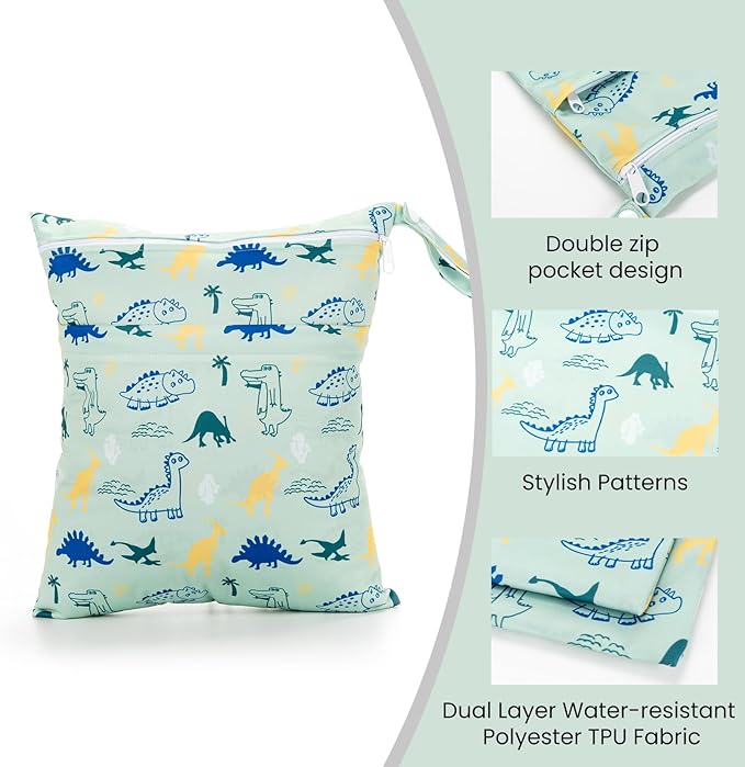 2 Pack Wet Dry Bags Waterproof Washable Travel Bags, Wet Bag with 2 Zippered Pockets for Diapers, Daycare, Bathing, Travel, Beach, Wet Swimwear, Yoga Gym