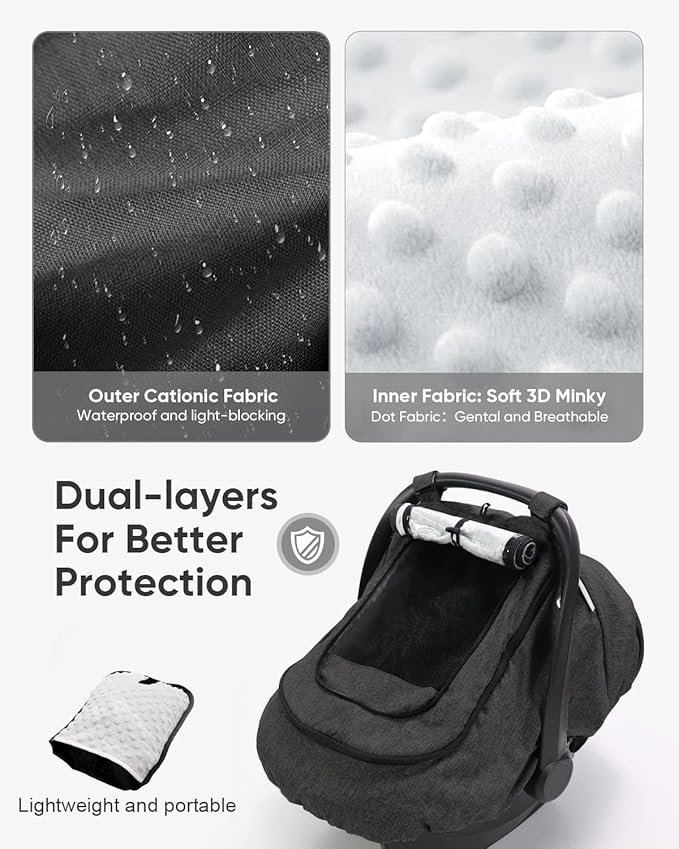 Waterproof Car Seat Cover for Baby, 2-Layer Car Seat Rain Cover with Clear Window & Sunshade & Mesh Cover, Universal Infant Carseat Canopy for Stroller, Protect from Rain and Snow - Black