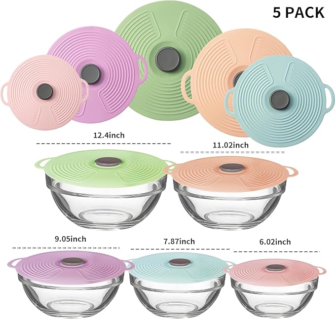 MIWOGA 5 Pack Silicone Lids for Bowl, Microwave Splatter Cover, 5 Sizes Reusable Heat Resistant Suction Lids Fits, Bowls, Plates, Pots, Pans, Skillets, Stove Top, Cups, Oven, Fridge Dishwasher Safe