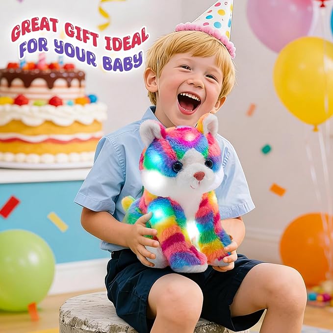 Glow Guards Light up Rainbow Cat Stuffed Animal Soft Kitty Plush Toy with LED Night Light Christmas Children's Day Birthday Gifts for Toddlers Kids Boys and Girls Children, 13''