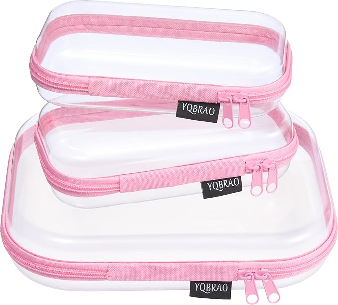 3 Pack Hard Sided Clear Zipper Case for Storage- Thickened-Grade Clear Hard Shell Zipper Case for Organizing Bead, Handicrafts, Sewing, Toiletries, Makeup (Pink)