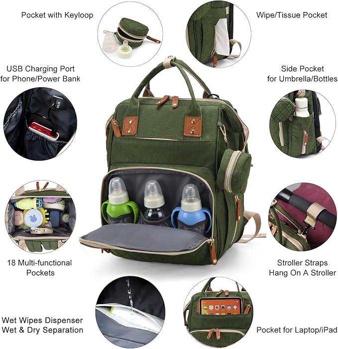 Lamroro Diaper Bag with Changing Station, Waterproof 3 in 1 Baby Diaper Backpack with Foldable Changing Pad, Large Travel Back Pack for Girl Boy, Green