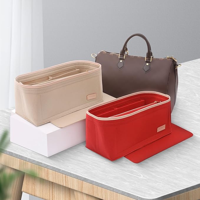 Doxo Purse Organizer Insert & Base Shaper 2pc Set, Felt Handbag Bag Fit LV Speedy & Neverfull More (L-Red)