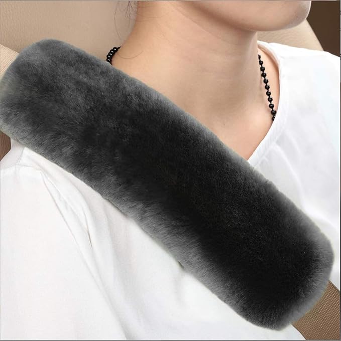 Soft Genuine Sheepskin Wool Auto Seat Belt Cover Seatbelt Shoulder Pad for a More Comfortable Driving, Compatible with All Cars(Dark Gray)