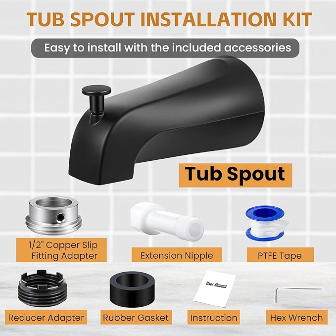 Dreyoo Tub Spout (Universal Fits 1/2" Copper Pipe, 1/2" IPS and 3/4" IPS), Bathroom Bathtub Faucet with Adapters and Hex Wrench(Matte Black,Simple)