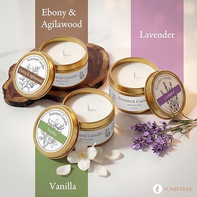 Funistree Candle Warmer Lamp Gift Set with 3 Jar Candles & Gift Box, Gifts for Women Mothers Day Birthday, Mom Sister Friend Gift, Lavender, Vanilla, Ebony, 2 Bulbs