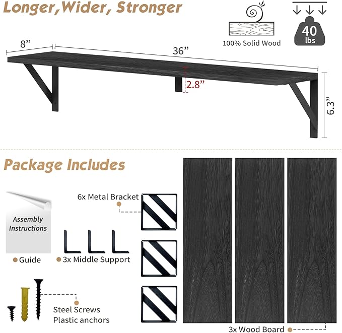 Forbena Floating Shelves 36 Inches Long 8 in Deep Set of 3, Large Wall Shelf for Bedroom Books, Heavy Duty Wide Wall Shelving for Living Room Office Kitchen Closet Organizers and Storage (Black)