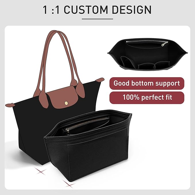 Felt Longchamp Bag Organizer Insert Compatible with Long Champ Le Pliage L Tote Bag & M Handbags, Zipper Purse Organizer Insert with Cup Holder, 8 Compartments, Custom Divider (Black,L)
