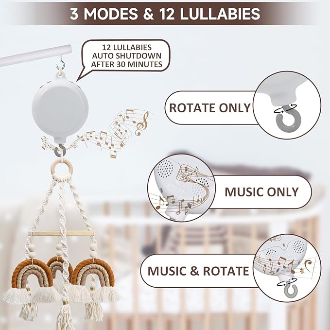 White Floor-Standing Crib Mobile Arm with Music Box - 65" Wooden Mobile Stand for Crib - 100% Beech Wood, 12 Lullabies, Volume Control - Rotating Crib Mobile Motor - Baby Mobile Hanger & Nursery Decor