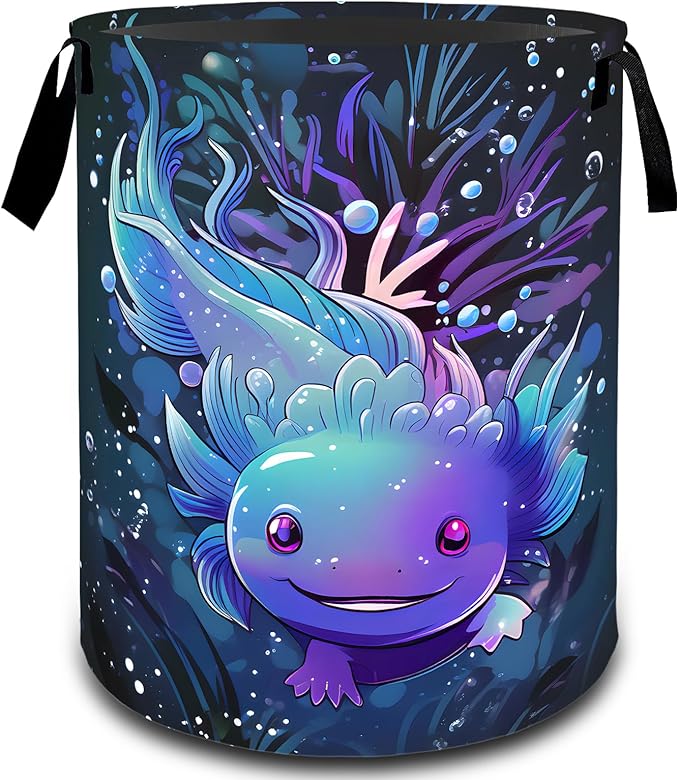 VODRM Cute Axolotl Underwater Laundry Basket, Dirty Collapsible Clothes Toy Organizer Hamper for Kids Adults, Oxford Cloth Waterproof Storage Bin for Bedroom Bathroom Home Decor Gifts, 19.7"X15.7"