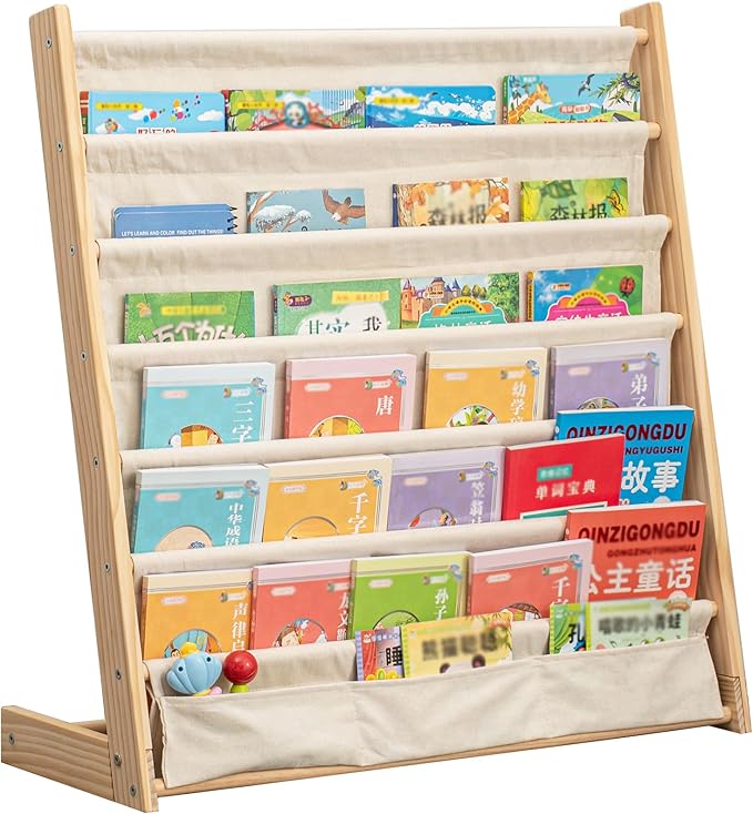 CYMFBSFBU 7 Tier Wooden Kids Bookshelf Book Holder Natural Wood Book Rack Storage Bookshelf for Kids Room Study Room Play Room Toy Storage Organizer (W: 29.52")