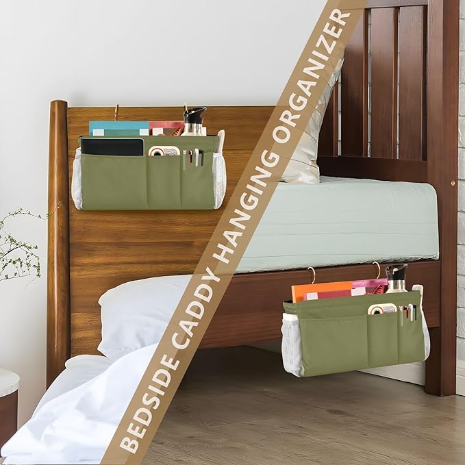 KOPIRIT Olive Color Bedside Caddy Storage Bag Bedside Organizer for Dorm Room Top Bunk Bed Bedside Shelf Hanging Organizer 6 Pockets with Hooks for Glasses Book Tablet Holder