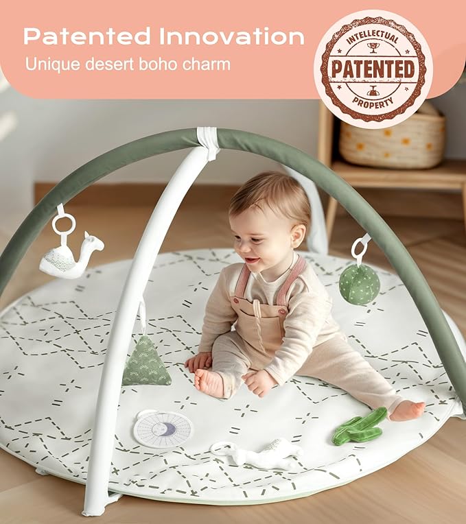 Little Dove Tummy Time Mat with 6 Toys, Macrame Baby Play Mat for Newborn, Baby Gym with 12 Milestone Cards, Stage-Based Sensory and Motor Skill Development Baby Play Gym, Non Slip Mat Washable, Green