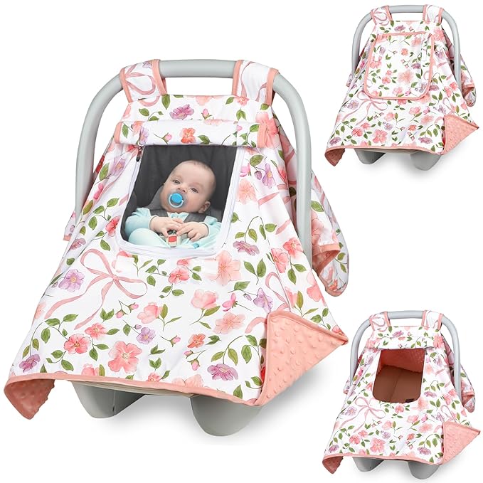 Baby Carseat Seat Cover Girls, Winter Carseat Canopy, Cozy & Warm Cover with Zipper Peep Windows, Infant Minky Carrier Cover, Soft Breathable, Baby Must Have, Pink Bow