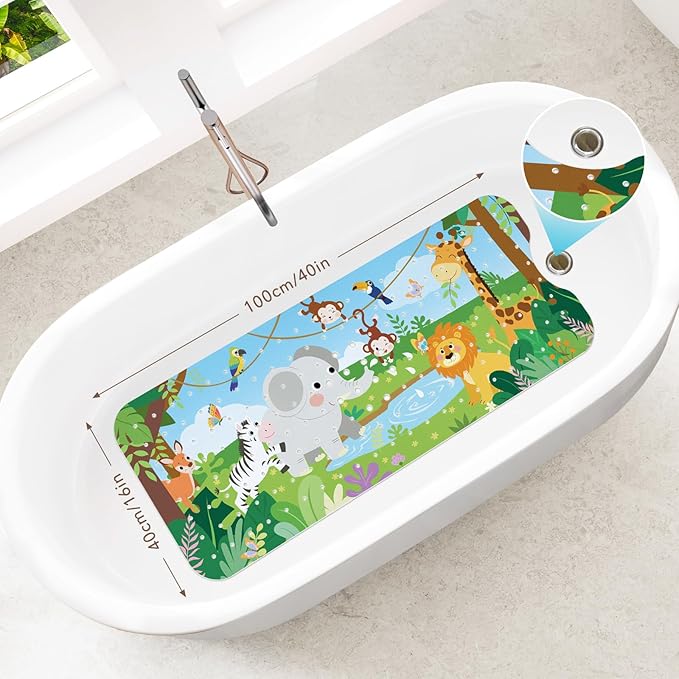 SHUCHING Baby Animal Bath Mat for Tub Non Slip-40 X 16 Inch, Bathtub Mat Non Slip for Kids Baby, Toddler Long Shower Mat for Bathroom