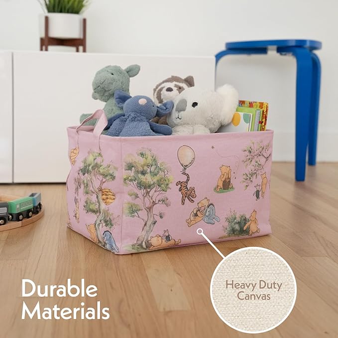 Sweet Baby Classic Winnie Pooh Storage Nursery Basket With Hard Bottom Large Square Canvas Cotton Laundry Hamper Bin Waterproof Foldable Bathroom and Bedroom Stuff Clothes Toys Vintage Decor (Pink)