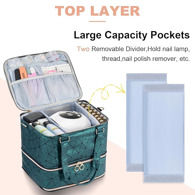 Uross Nail Polish Organizer Bag Holds 84 Bottles Nail Polish & Nail Lamp,Large Gel Nail Polish Organizers and Storage box for Nail Tech, Nail Kit Supplies Organizer Case-Darkgreen