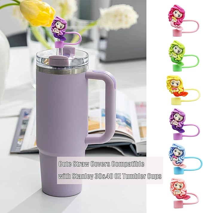 6Pcs 10mm Curly Haired Mermaid Straw Cover for Stanley Cup,Dust-Proof Straw Topper for 30&40 oz Tumblers and Water Bottles,Reusable Tumbler Cup Accessories for Stanley，Funny Gifts for Women & Girls